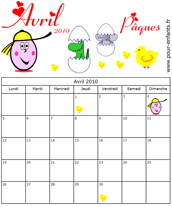 Imprimer calendrier paques 2010 avril 2010